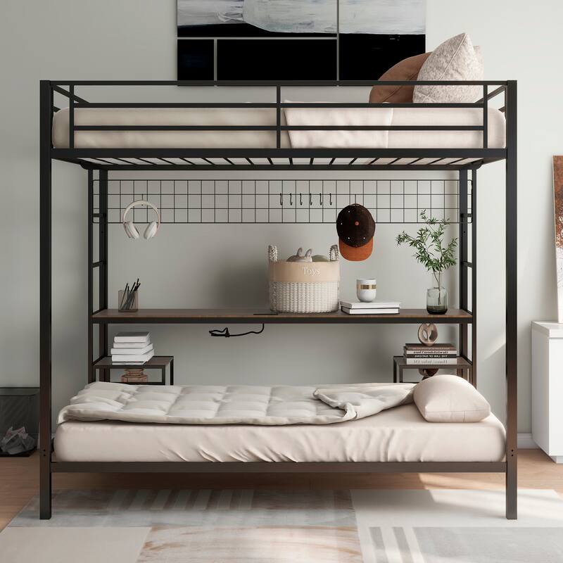 Full Over Twin Bunk Bed with Desk and Charging Station and Shelves and Metal Wire Mesh Panel with Hooks,Safety Guard & Stairs