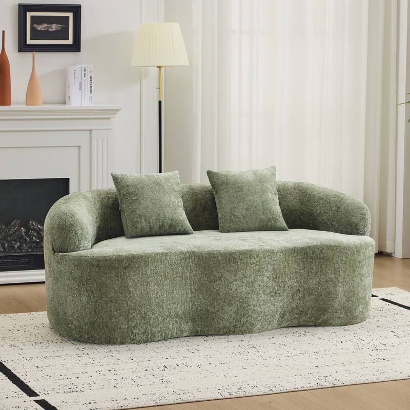 Roomfitters Green Curved Loveseat Sofa with Round Armrest, Compression Couch with 2 Pillows for Living Room & Bedroom