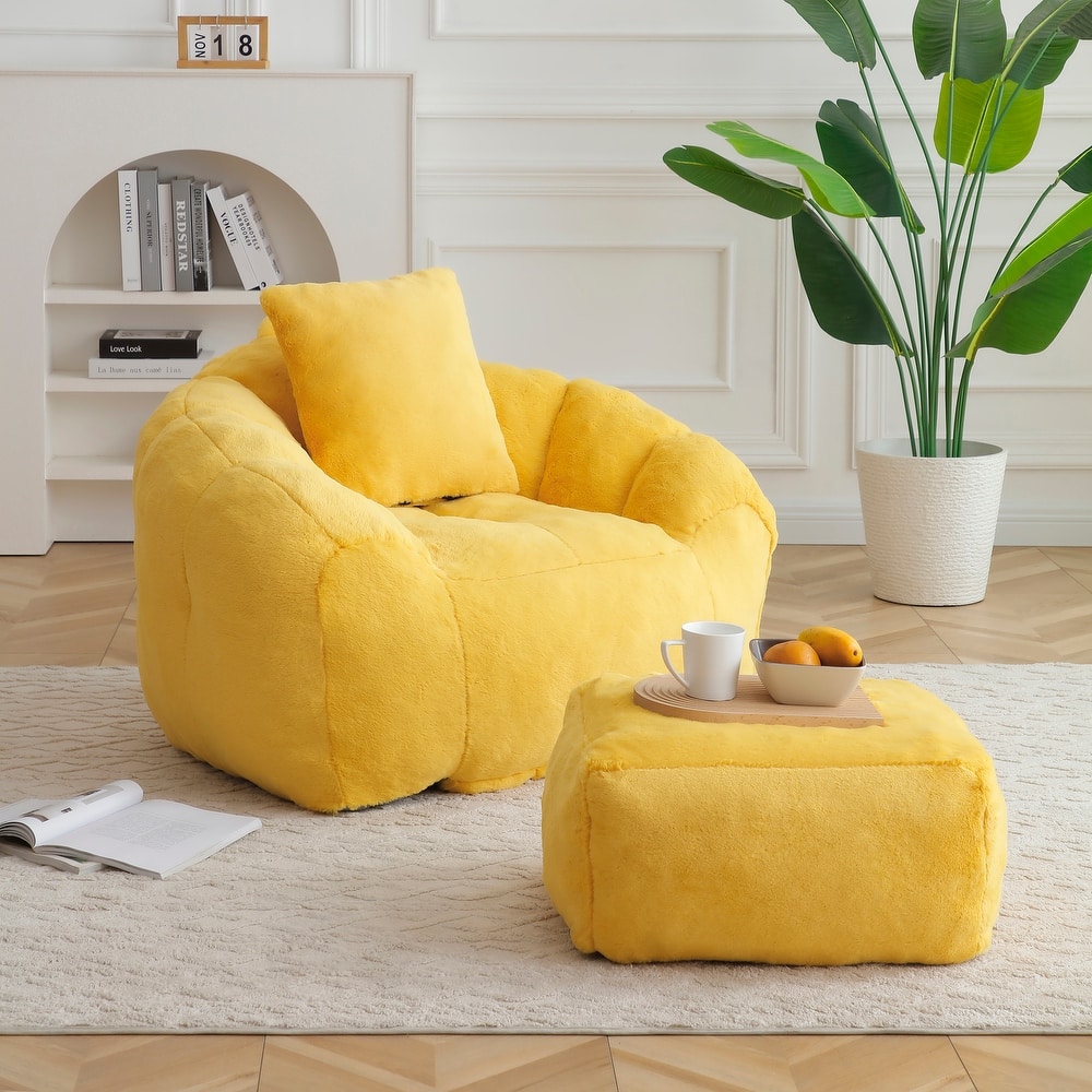 Faux Fur Shell-Shaped Medium Bean Bag Chair with Footstool