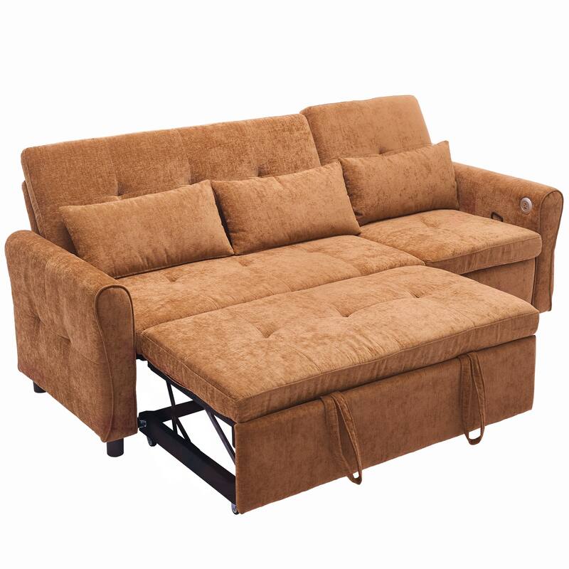 82" Chenille 2-in-1 Sofa Bed with Adjustable Backrest, Reversible Chaise, USB Charging Ports