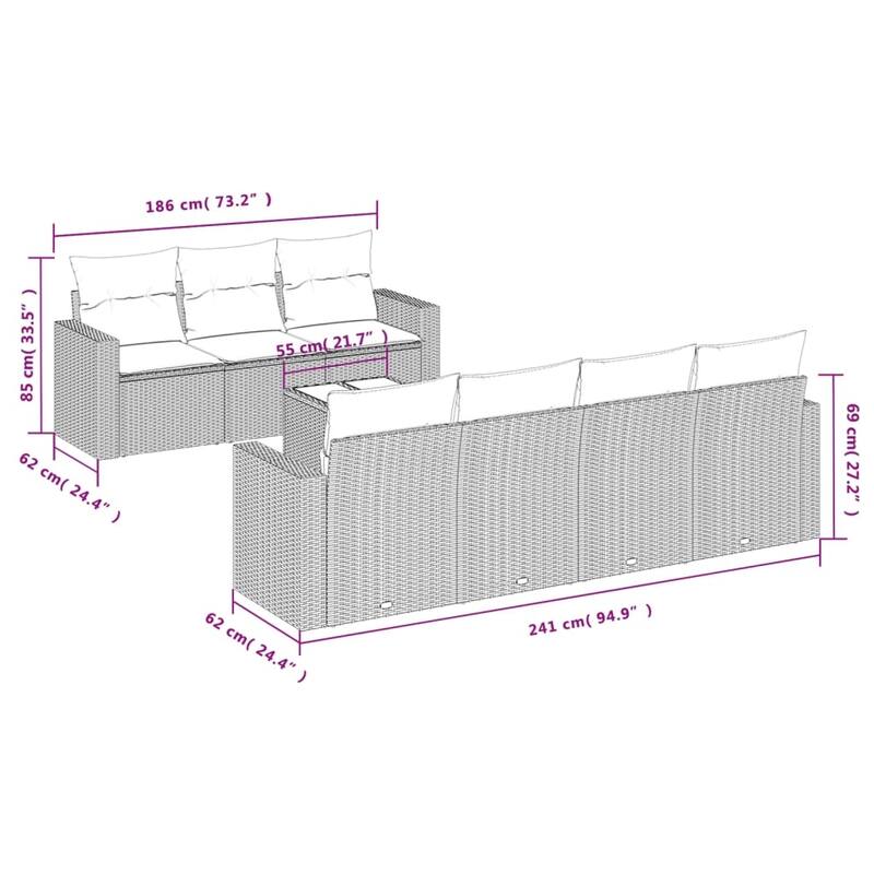vidaXL Patio Sofa Set with Cushions Outdoor Furniture 8 Piece Poly Rattan - 21.7 x 21.7 x 14.6