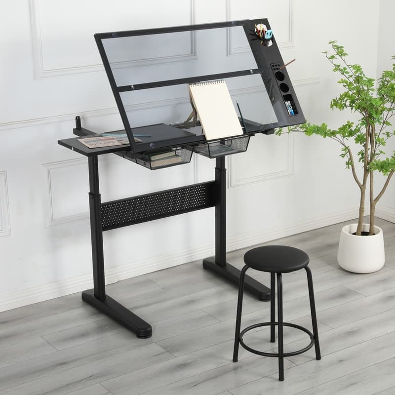 Adjustable Drafting Table Drawing Desk with Stool, 2 Metal Drawers ...