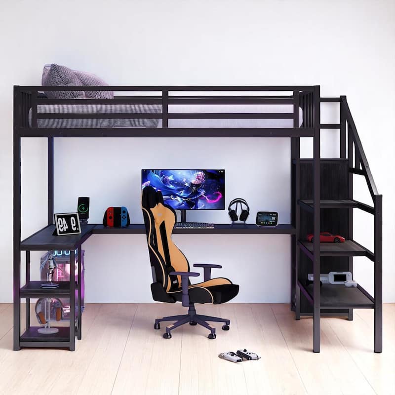 Full/Queen Size Metal Loft Bed with L-Shaped Desk, USB Port, LED Lights, Wardrobe and Stair Storage, Black - Black - Queen