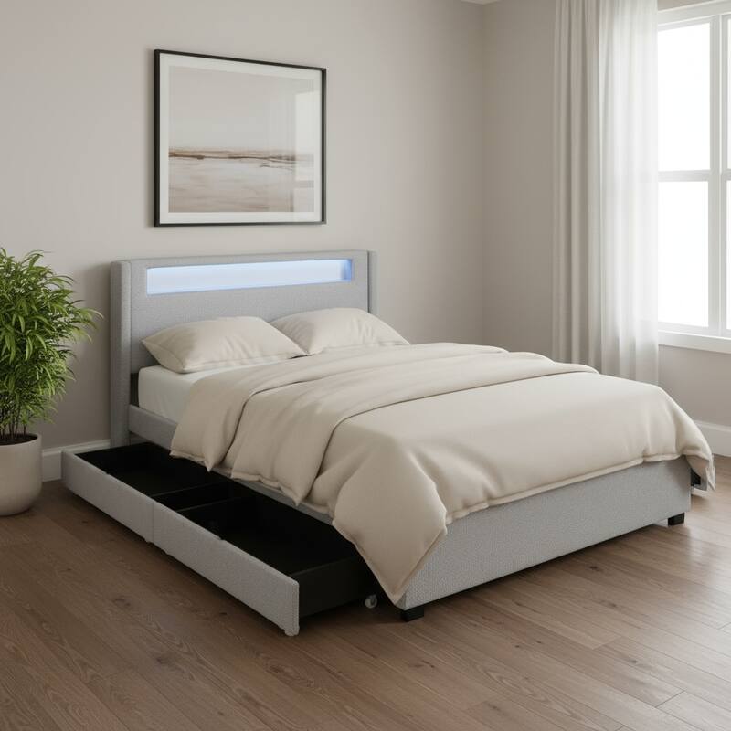 HomeRoots Light Gray Tufted Boucle Lighted Full Bed Frame With Trundle And USB And Drawers - Full
