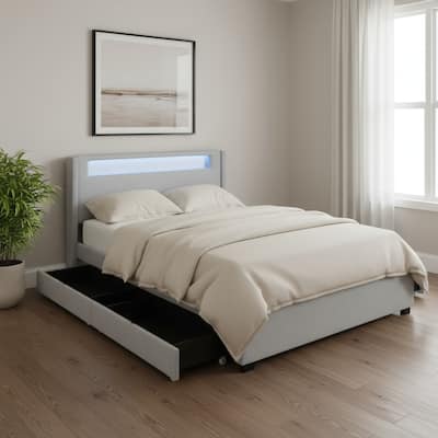 HomeRoots Light Gray Tufted Boucle Lighted Full Bed Frame With Trundle And USB And Drawers