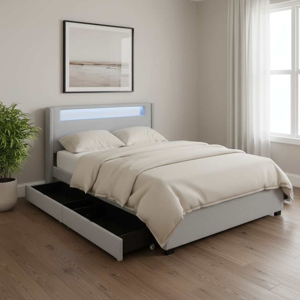 HomeRoots Light Gray Tufted Boucle Lighted Full Bed Frame With Trundle And USB And Drawers