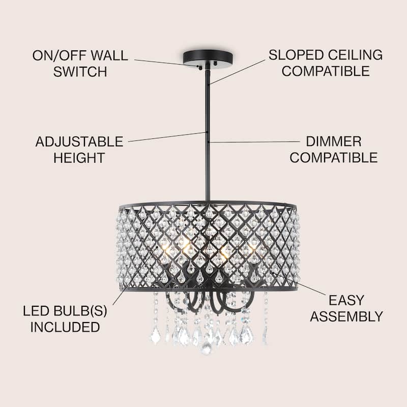 Avah Metal/Crystal Adjustable LED Drop Chandelier, Black/Clear by JONATHAN Y