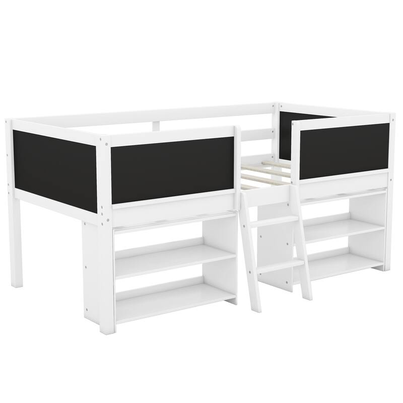Twin Pine Loft Bed with Shelves, Chalkboard Guardrails, and Ladder