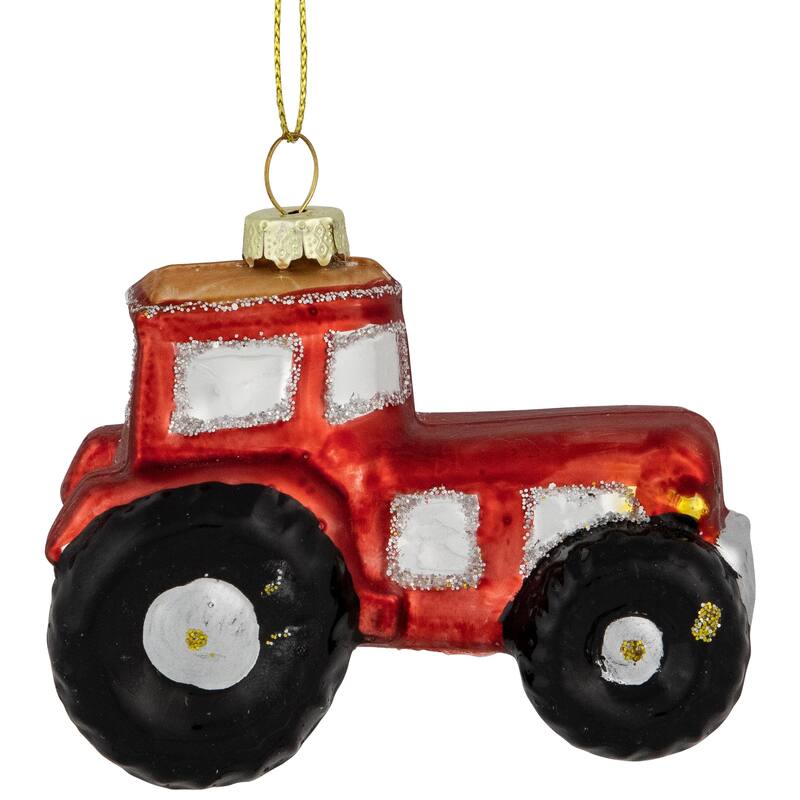 Tractor Glass Christmas Ornament - 3.5" - Red and Gold - 2.75"