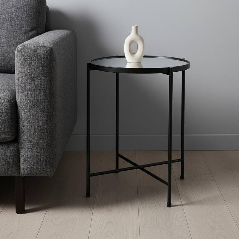 HomeRoots 24" Silver and Black Mirrored Glass and Iron Round End Table - 19.69 in. x 24.21 in. x 19.69 in. - Silver - Mirror