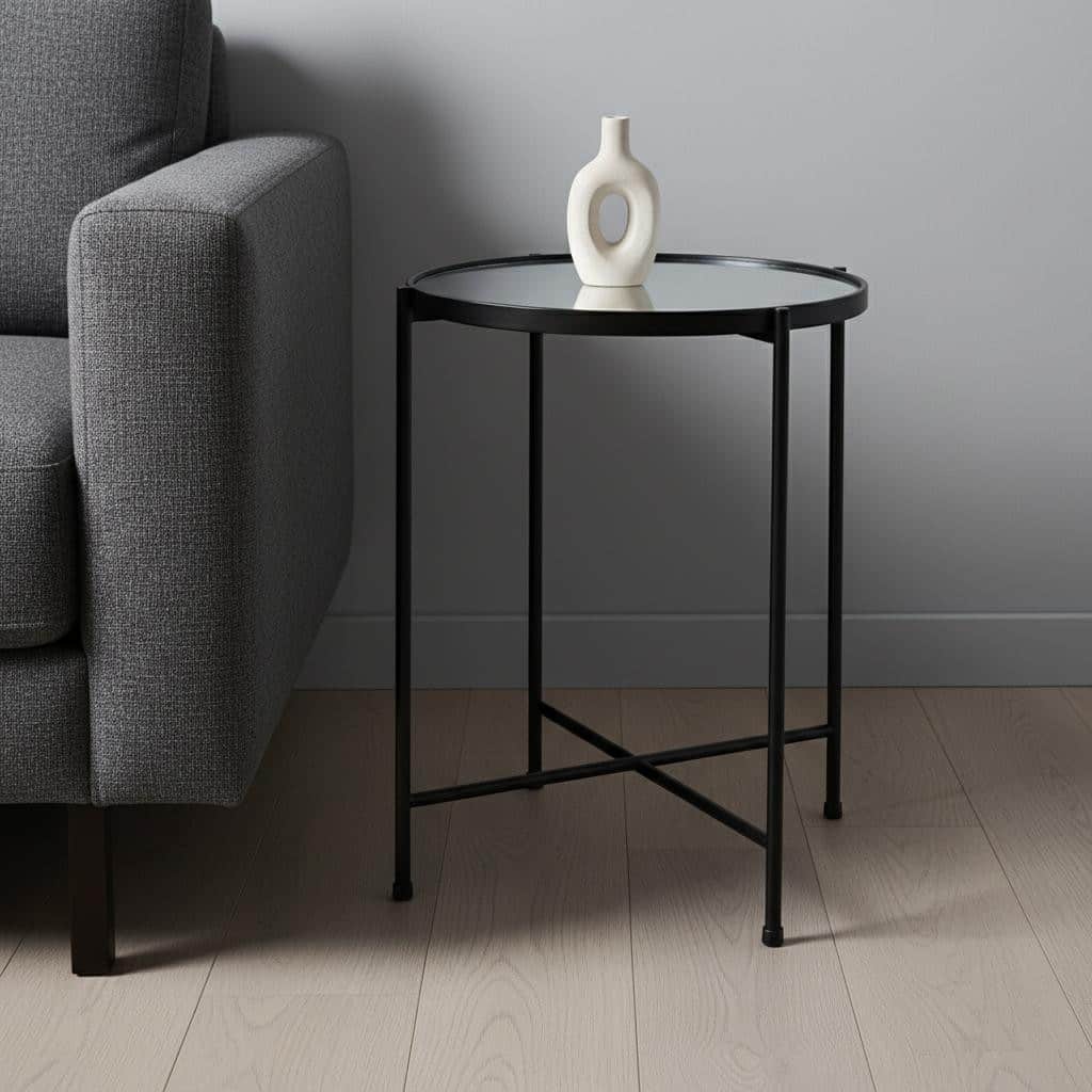 HomeRoots 24" Silver and Black Mirrored Glass and Iron Round End Table - 19.69 in. x 24.21 in. x 19.69 in.