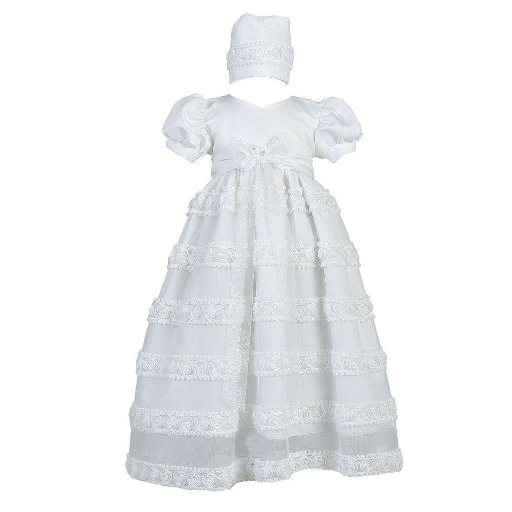 Lito Baby Girls White Embroidered Satin Ribbon Tulle Dress Bonnet Baptism 6-12M