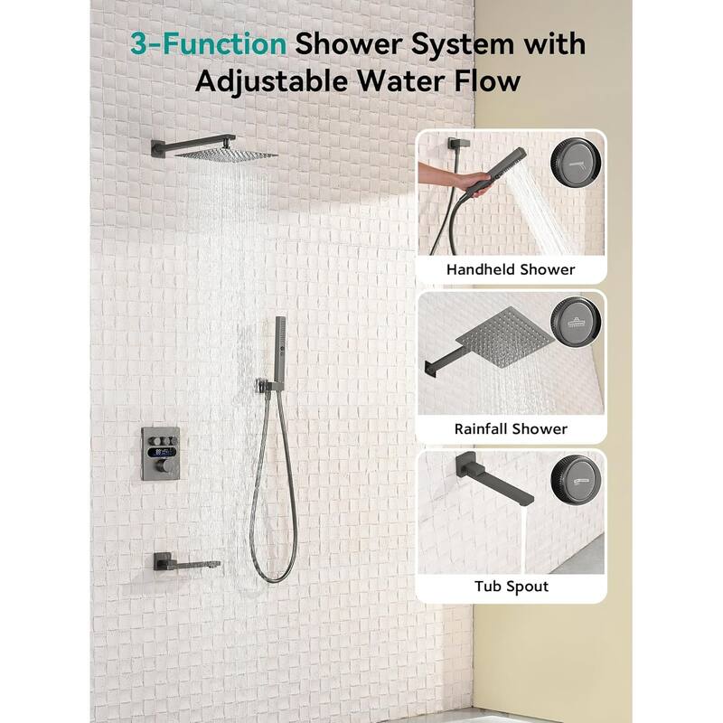 Lefton Shower System in Fahrenheit Display, 10” Overhead Shower Head with Handheld Spray Showerhead and Bathtub Faucet, SSWM2502
