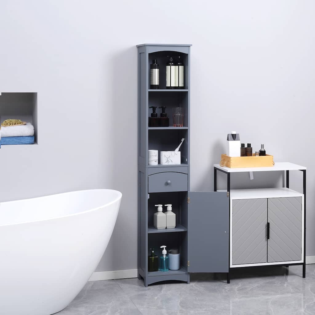 Modern Grey Bathroom Organizer Cabinet with Multi-Tier Shelves and Storage Drawer - 13.5" W x 9.5" D x 67" H