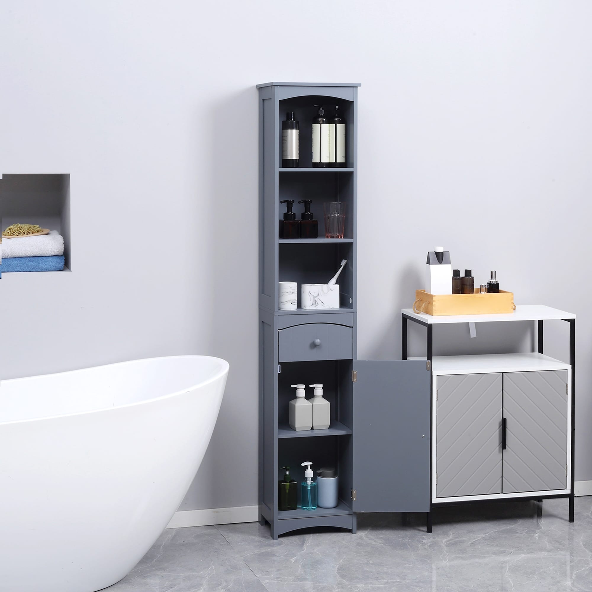 https://ak1.ostkcdn.com/images/products/is/images/direct/32e290015b821f42bc2808224fee32f6346acb7a/HOMCOM-Bathroom-Storage-Cabinet%2C-Free-Standing-Bath-Storage-Unit%2C-Tall-Linen-Tower-with-3-Tier-Shelves-and-Drawer%2C-Brown.jpg