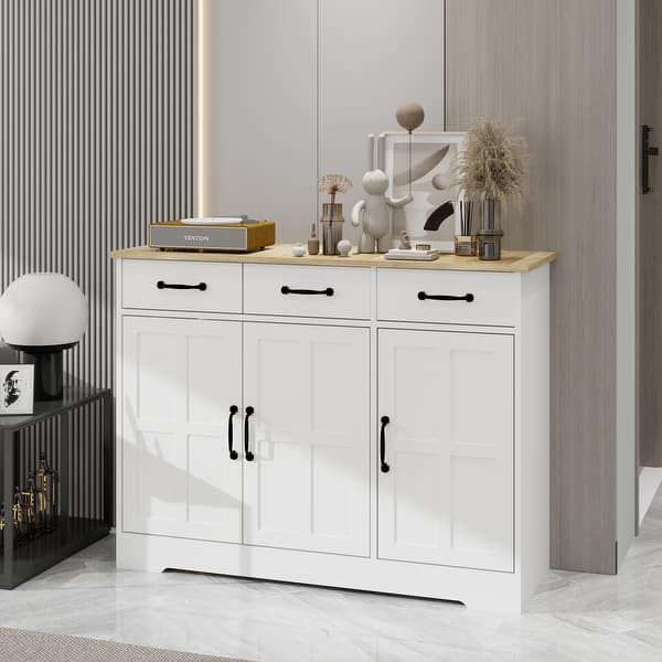 Farmhouse Buffet Cabinet Storage Sideboard with 3 Drawers and 3 Doors for Dining Living Room Kitchen Cupboard-White - Bed Bath & Beyond
