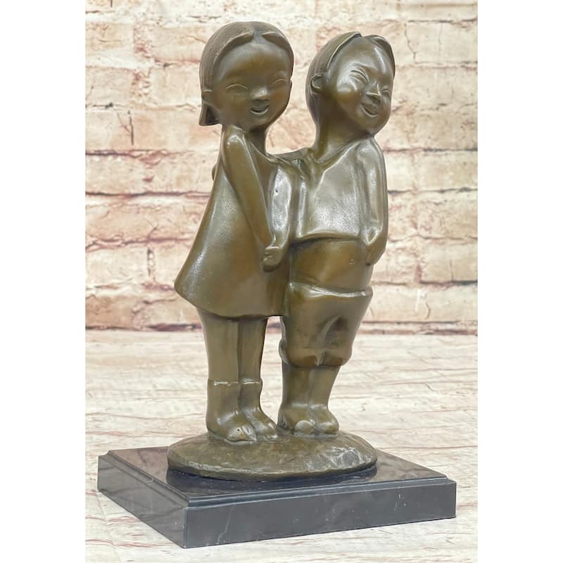 Chinese Children Brother And Sister Posing For Picture Collectible Bronze Sculpture By Zhang