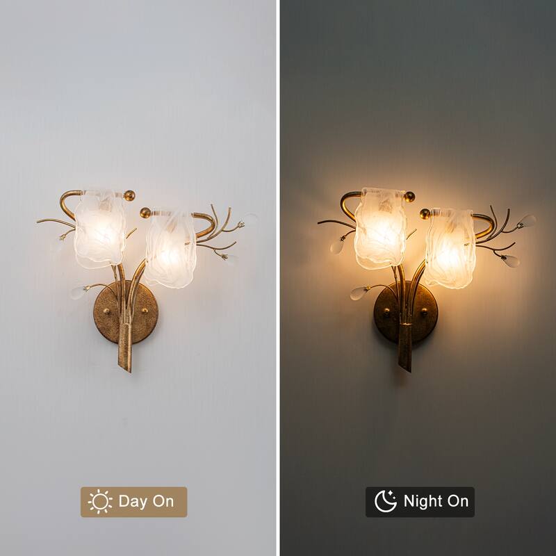 2-Light Wall Sconce with Floral Branch Design and White Glass Shades