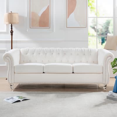 84.65" White Polyester Rolled Arm Chesterfield 3 Seater Sofa