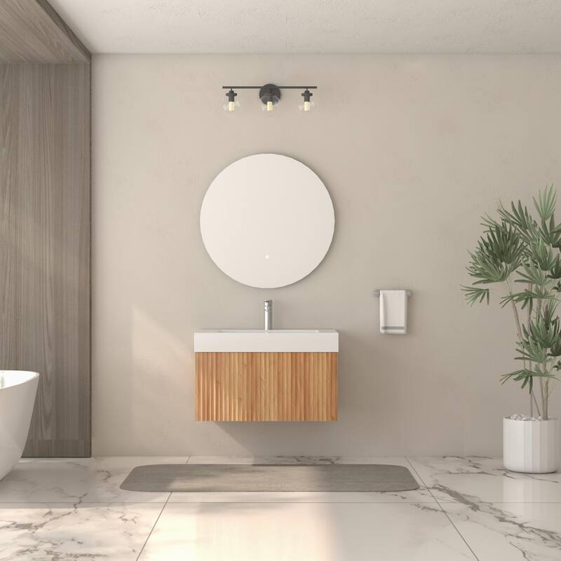 30" Bathroom Vanity with Sink,Wall Mounted Floating Bathroom Cabinet with Integrated Basin Plywood Finish Modern Design - Acacia Wood