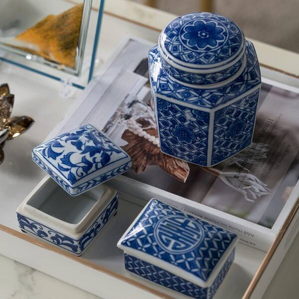 Shop Set Of 3 Blue And White Decorative Jars 6 Overstock 29664037