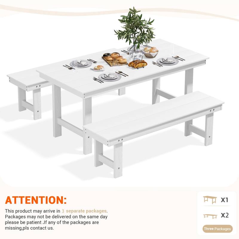 3-Piece HDPE Outdoor Dining Set with Umbrella Hole Table and Two 2-Person Benches