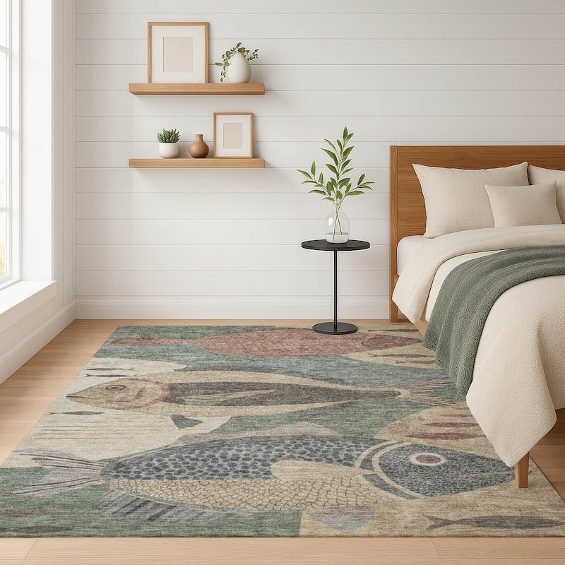 Machine Washable Indoor/ Outdoor Modern Fish Chantille Rug