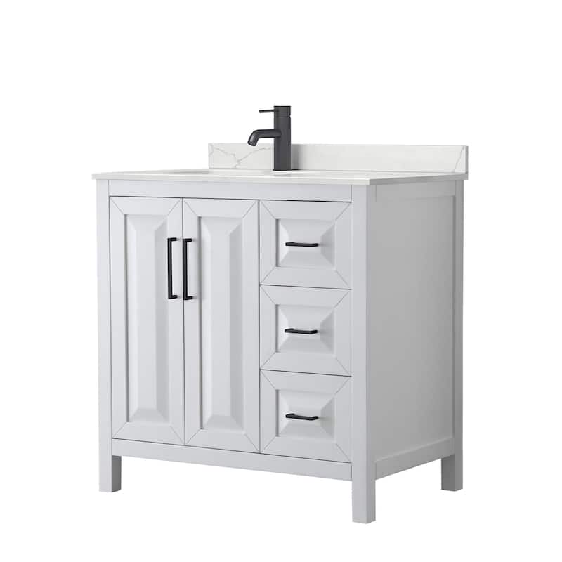Daria 36-inch Single Vanity, Single Hole Quartz Top - White, Black Trim, Giotto Quartz Top