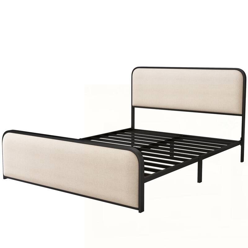 Metal Bed Frame with Curved Upholstered Headboard and Footboard
