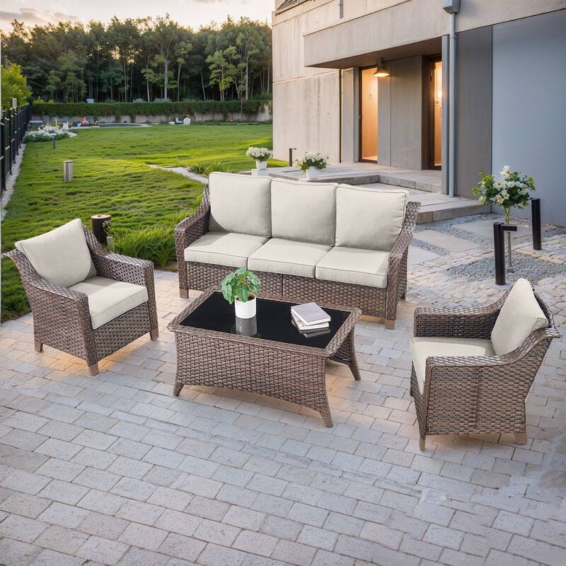 Outside Patio Sofa Chair with Cushions - Brwon Wicker Beige Cushion - 4PCS Sofa Patio Chair with Coffee Table