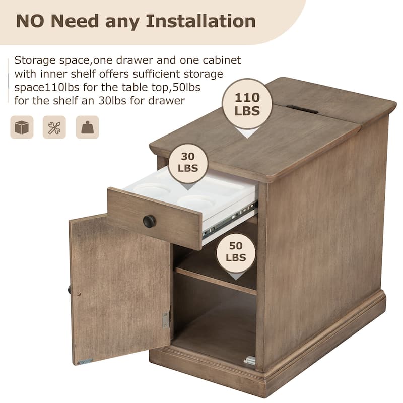 Classic Vintage Livingroom End Table with USB Ports and One Multifunctional Drawer - 14'' D x 24.3" W x 23" H
