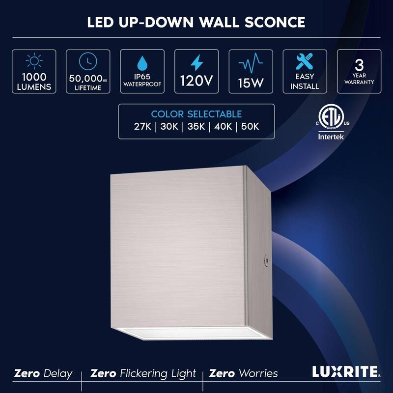 Luxrite Square LED Up and Down Wall Sconce, Metal, 5CCT 2700K-5000K, 15W, 1000LM, IP65 Waterproof, ETL, Brushed Nickel