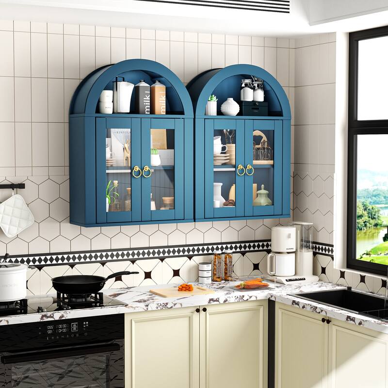 Wall Mounted Arched Cabinet with Glass Doors, Light and Adjustable Shelves for Laundry Room, Bathroom, Kitchen