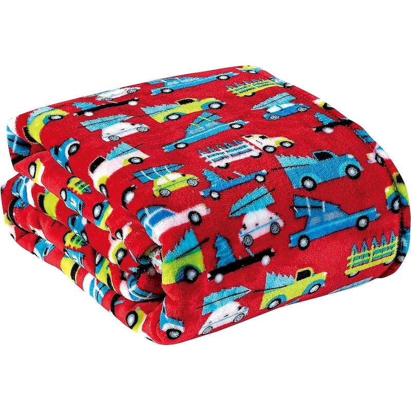 Décor&More Holiday Kids Collection Festive and Cuddly Holiday Microplush Throw Blanket (50" x 60") -Red Cars