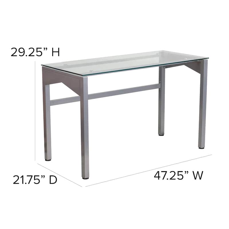 Contemporary Clear Tempered Glass Desk with Geometric Sides and Silver Frame