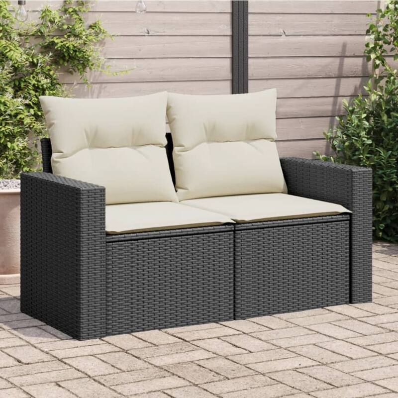 vidaXL Patio Sofa with Cushions 2-Seater Modular Couch Loveseat Poly Rattan - 24.4 x 51.6 x 27.2 in - Black and cream with storage