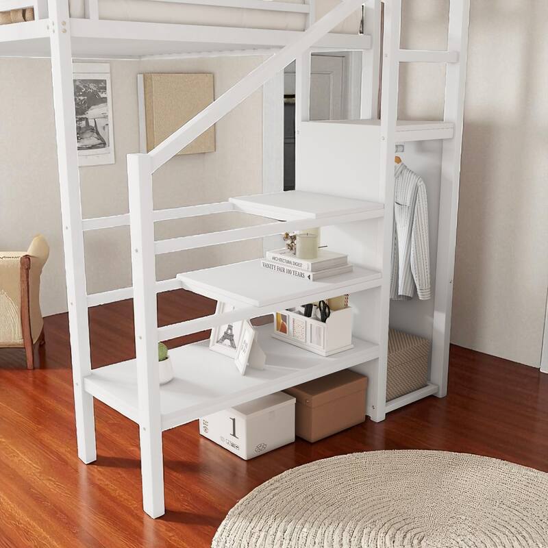 Twin Size Loft Bed with Stairs and Storage Shelves, Metal High Loft Bed with Wardrobe for Kids and Teens