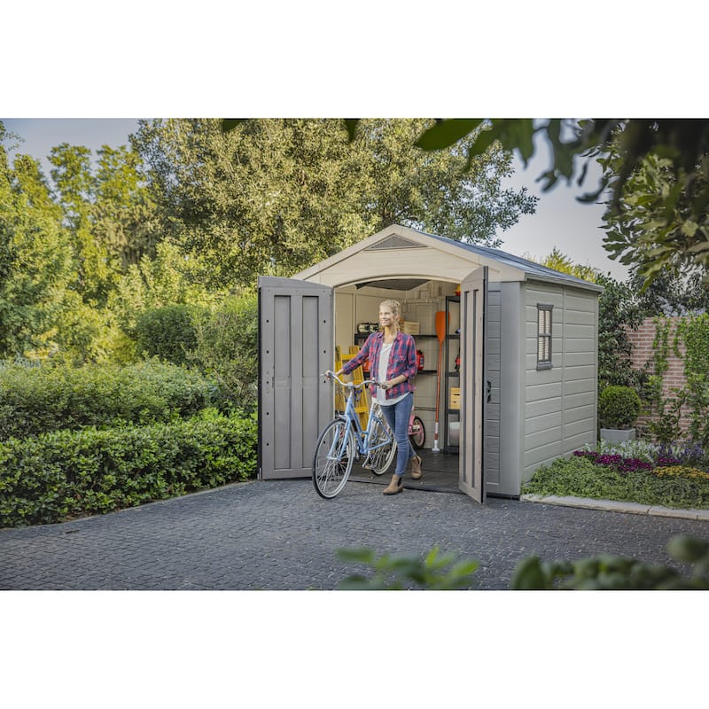 Keter Factor 8x8 ft. Resin Outdoor Storage Shed With Floor for Patio Furniture and Tools, Brown