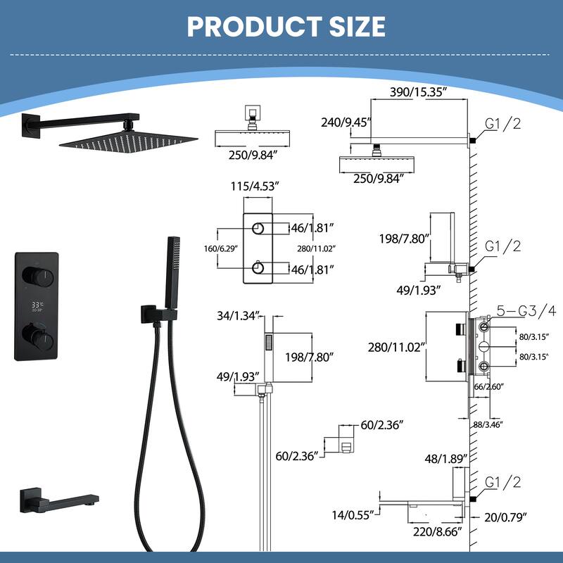 9.84" Thermostatic Complete Shower System with Rough in-Valve, Rain Mixer Shower Combo Set with Handheld