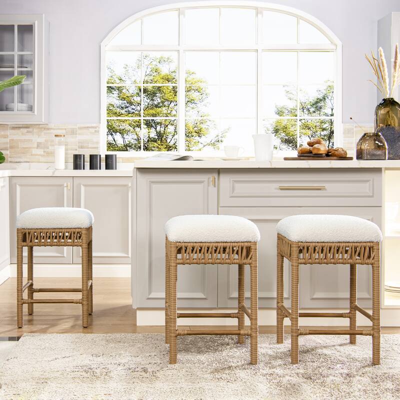 Backless Upholstered Counter Stool with Resin Rattan Frame