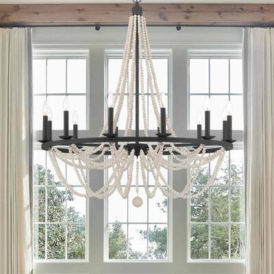 Acroma 12 - Light Wood Beaded Modern Chandelier-UL - N/A