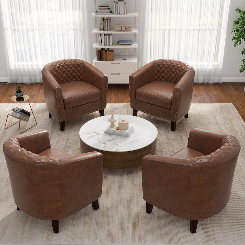 Faux Leather Tufted Nailheads Upholstered Barrel Accent Chairs - 4 Set - Brown