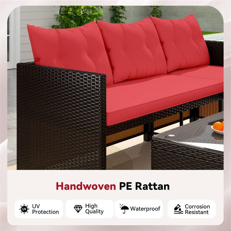 EROMMY 3-Piece Outdoor Patio Furniture Set, All-Weather PE Rattan Sofa Set with Glass Table & Cushions, Perfect for Balcony