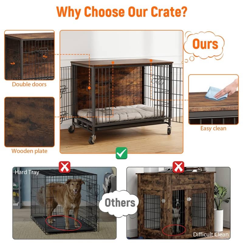 Dogs Kennel Crate Furniture with Removable Tray and Wheels
