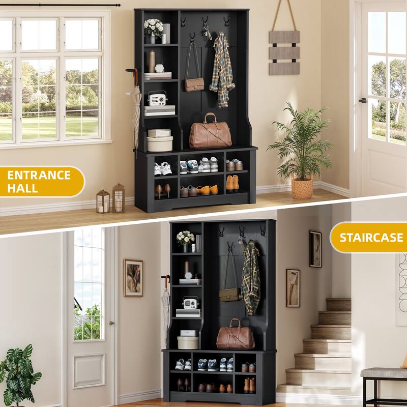 Moasis Farmhouse Hall Tree with Bench and Shoe Storage with 10 Hooks for Entryway