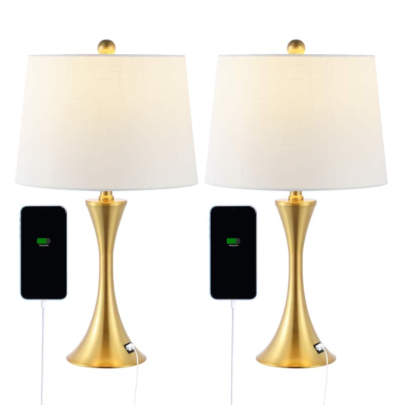 Makena 22.75" Modern Glam Iron Hourglass LED Table Lamp with USB Charging Port, (Set of 2) by JONATHAN Y - Brass Gold