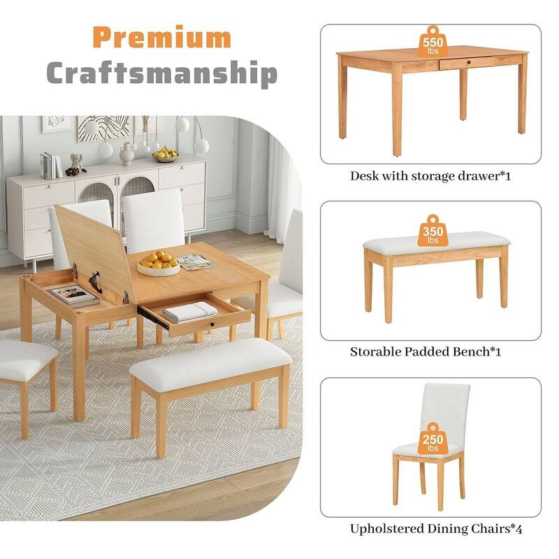 Farmhouse 6 PCS Dining Table Set for 6 with Storage Table