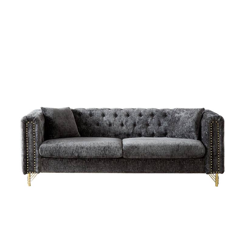 Buttons Tufted Pull Buckle Design Sofa with Copper Nail Decoration Armrest and Metal Legs