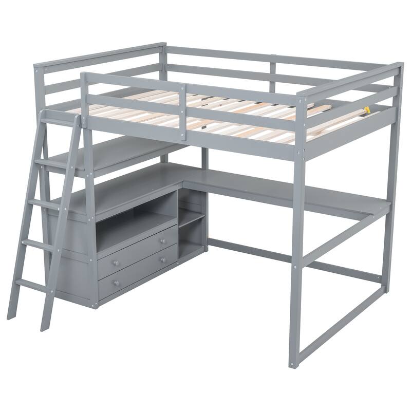 Full Size Loft Bed with Desk, Shelves, and Storage Drawers, Solid Wood Frame