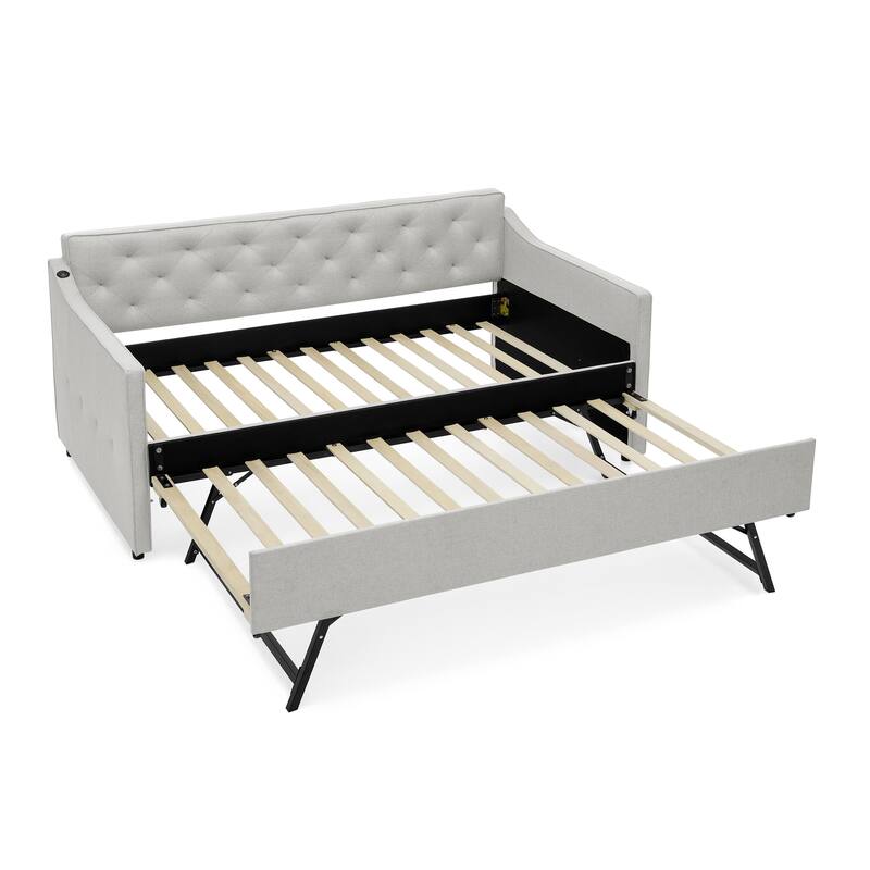 Twin Size Upholstery Daybed with Erectable Trundle and Button-tufted Backrest, USB Charging Design, for Living Room and Bedroom